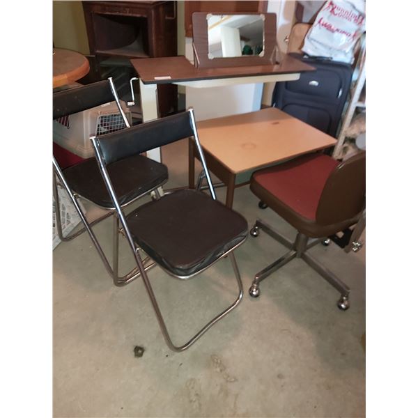 Vintage School Desk, Office Chair, 2 Folding Chairs & Vanity Desk on Wheels