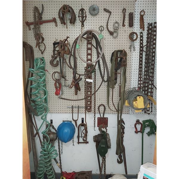 Large Assortment of Metal Tools & Supplies, Come-a-Longs, Chains, Hooks & More