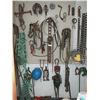 Image 1 : Large Assortment of Metal Tools & Supplies, Come-a-Longs, Chains, Hooks & More