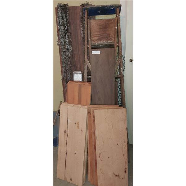 Wooden 5 Foot Ladder, 2 Pkgs Brand new Vinyl Blinds, Assorted Wood Pieces & More