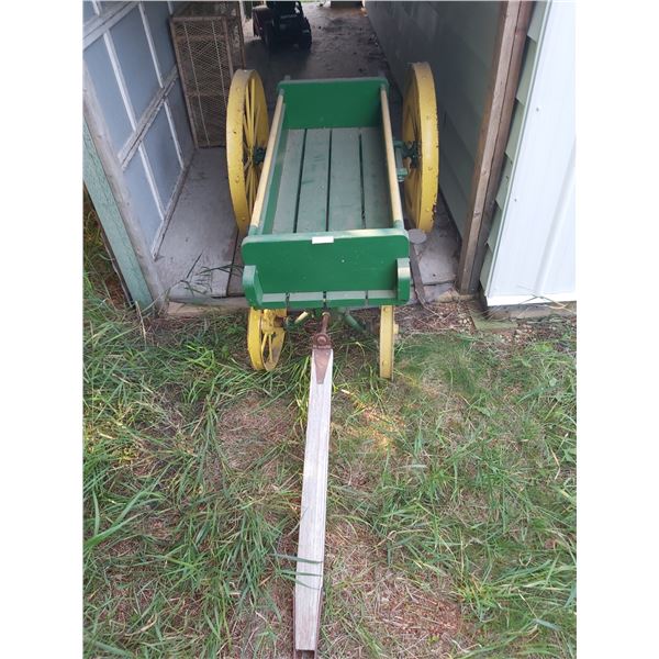 John Deere Coloured Wooden Wagon with Iron Wheels  36 Wide x 105 Long x 32 1/2 High