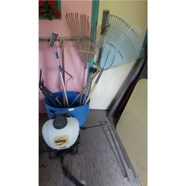 Assorted Garden Tools with Round up Back Pack Sprayer