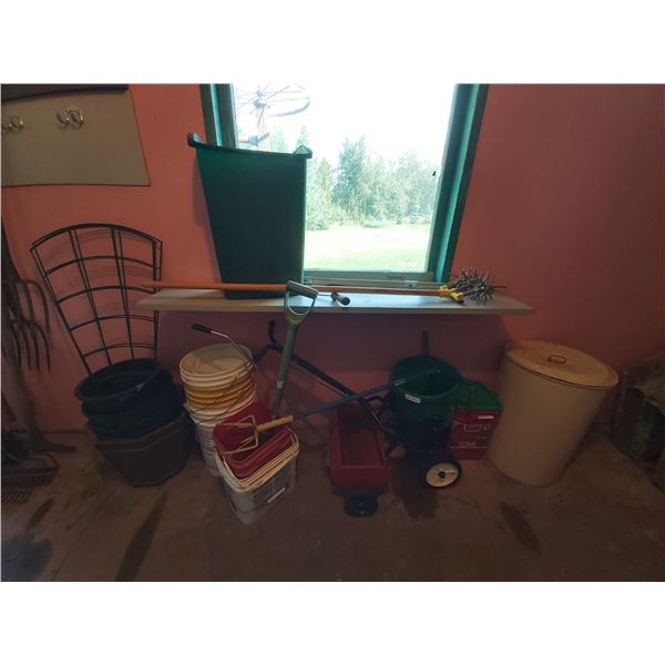Seed/Fertalizer Spreaders, Assorted Buckets & Planters, Large Metal Container with Bird Seed