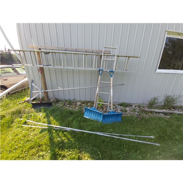 3 Snow Shovel;s, Roof Rake, 2 Ladders, Single Ladder 78 high, Extension 20'