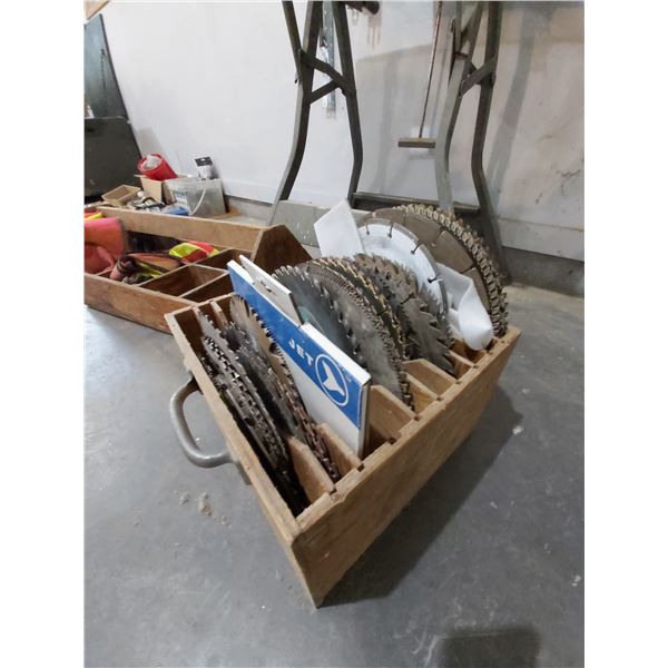 Assortment of Shop Supplies, Saw Blades, Mortar Mixers, & More