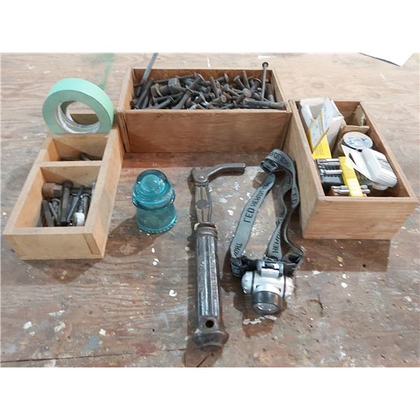 Vintage Hemingray No. 16 Glass Insulator, Vintage Nail Puller and Assorted Shop Supplies.