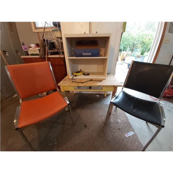 2 Metal Chairs, Vintage Table (Missing Drawer) Small White Shelf with Contents