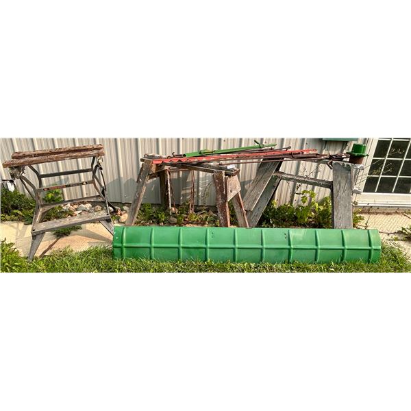 Assorted Saw Horses Plus Assorted Farm Tools Blade Is 88 Inch Long 12 Inches High