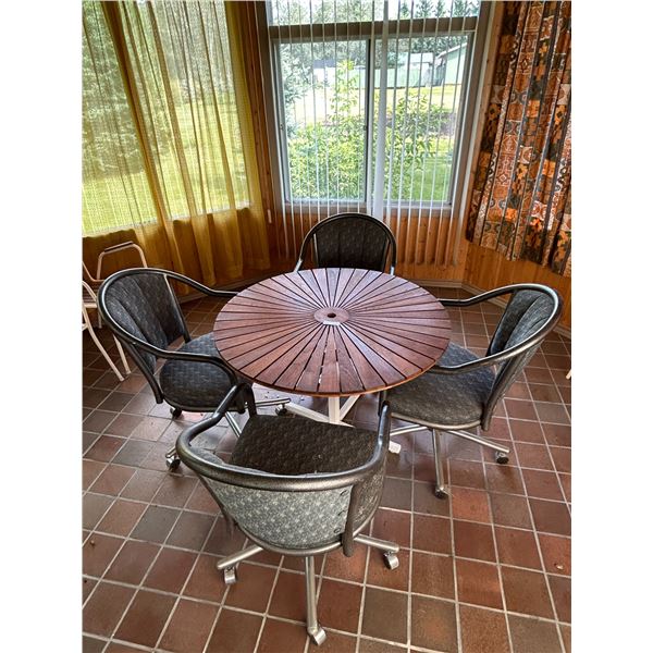 Unique Wooden Table Top + 4 Upholstered Chairs On Wheels Table 39 Diameter + 27 High