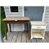 Image 1 : Vintage Wooden Table 36 Long x 21 Deep x 31 High + Vintage Nightstand 21 Wide x 15 Deep x 25 High