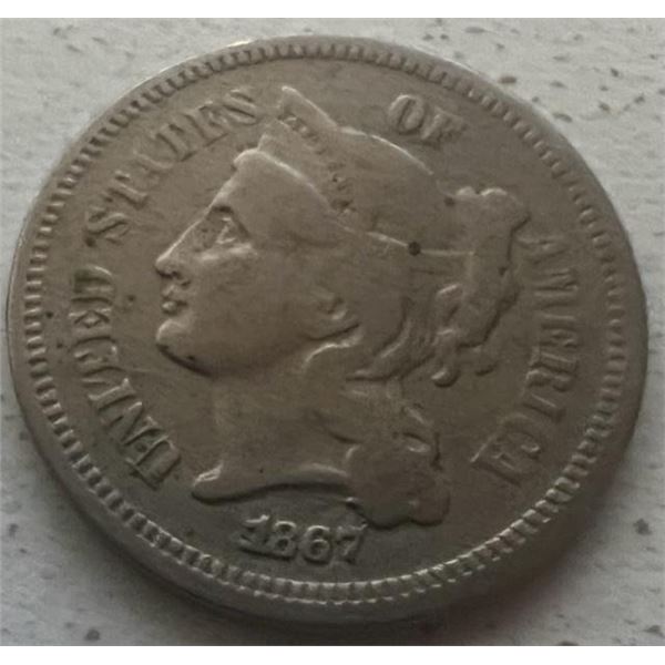 1867 Three Cent Piece F Fine Nickel 3c