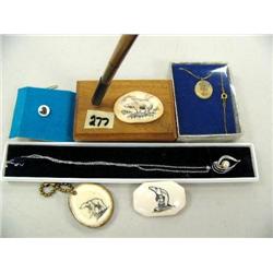 Lot of:  Scrimmed Ivory Keychain,Ivory Penholder, Scrimmed Ivory Tie Tac, Silver Necklace w/ Pearl, 