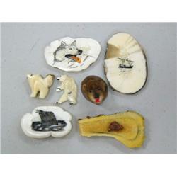 Lot of: 2 Scrimmshawed Platchet, 1 Ivory Bear Head, 1Walking Ivory Bear, 1 Husky Pendant, 1 Scrimmed