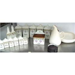 15 Piece Fabulous set of Cannisters w/ delicate pink rose design w/ blue ribbon, circa 1900