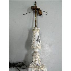 Lamp with White Porcelain Base made in France w/ gray flowers, gold and white trim
