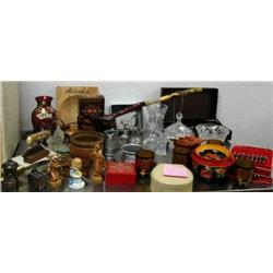 Interesting Lot of Pressed Glass and Brass Silverware, Russian Lacquerware, set of Pewter