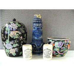 Lot: 2 Marmalade Jars, 1 Damaged Blue and White Vase and 2 Chinese Pots