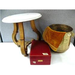 Large Brass Planter and White Marble Top Table and Table covering and Steuben Box