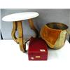 Image 1 : Large Brass Planter and White Marble Top Table and Table covering and Steuben Box