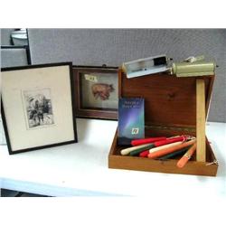 Art Lights, Pig Sculpture, Wooden Box, Candles, Steel Engraving of a Clown