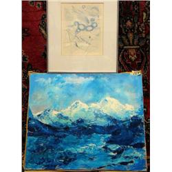 An Original Alaskan oil in Style of Richard Orr and Pen and Ink in Style of Salvador Dali, Unreadabl