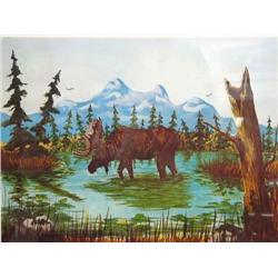 Print of Bull Moose Standing in Water by M. Hoefper 1974