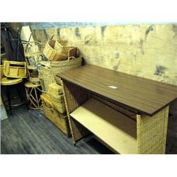 IN CONTAINER Huge lot of Wicker Items, Shelves, Baskets, Barstools, Purse