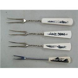 Lot of 4 Scrimshawed Ivory Hors d'ouerves Forks