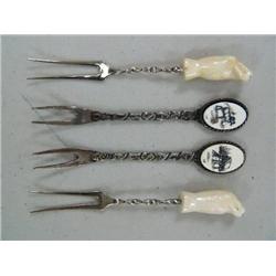 Lot of 2 Alaska Hors d'ouerves Forks w/ Scrimshawed Ivory, 2 Hors d'ouerves Forks w/ Ivory Walrus Ha