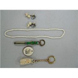Lot of 2" Ivory Billikin Key Chain and Shaved Ivory Bear Platchet, 16" Ivory Necklace and a small Ke