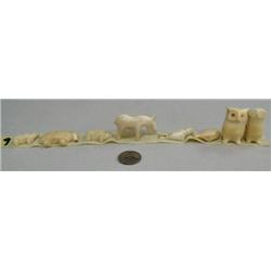 Lot of 8 Ivory Carvings consisting of:  3 Muskox, 1 Moose, 1 Seal, 1 Whale, and 2 Owls