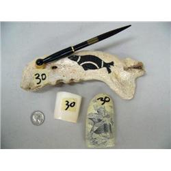 Lot of:  Scrimshawed seal on Walrus Jawbone, Fake Whale Tool w/ whale hunting season, White Ivory To