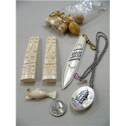 Group of 2 Ivory Totem Poles, 1 Ivory Seal by Mike Pullock, 1 Scrimshawed Ivory Block Pendant w/ Wha