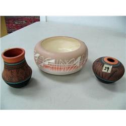 Lot of:  7" Bowl by Yazzie (has been repaired) 3" Red ,blue & Black pot signed Hakewene, Navaho 2002
