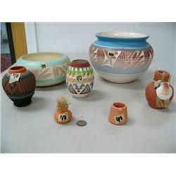 Lot of:  7" Pot, Navaho, signed Silap, Blue, white and sandstone, 4" pot signed Capitan Dine Green, 