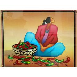 Beautifully triple matted and framed Navajo Woman with Peppers