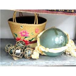 Lot of 7 glass balls w/ net and 1 large basketball size glass ball with basket to carry  (92)