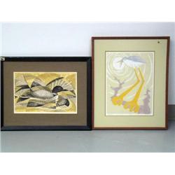 Lot of 2 watercolor prints, 52/95 1970 Ree Narcarron and "Yellow Legs" by A.W Higgins