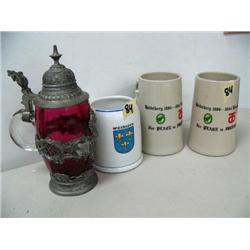 Lot of 4 Steins:  1 ruby red w/ pewter fittings and cherub, 3 assorted
