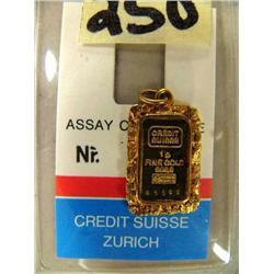 One Gram Gold Bar set in a Gold Nugget Frame, Gift from Alaska Airlines circa 1980