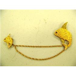 Pair of Gold Nugget Fish Pin with a chain