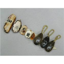 Lot of 3 Ivory Scrimshawed Platchets, 3 Baleen Scrimmed Platchet Keychains, & One Ivory Tooth Pendan