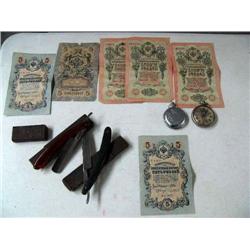 Lo of 2 straight razors, 2 pocket watches, and lot of paper Russian money