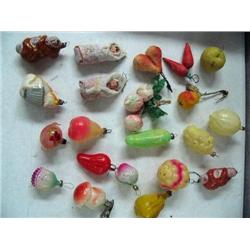 Lot of 19 blown glass ornaments,fruit, animals, etc., 2 paper mache babies