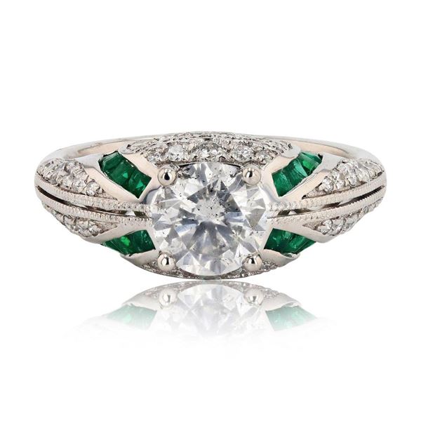 1.14 ctw Diamond and 0.46 ctw Emerald Platinum Ring (1.77 ctw Diamonds)