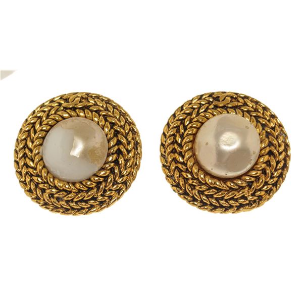 Chanel Gold CC Pearl Braided Disc Earrings