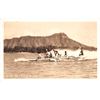 Image 1 : Surf Riding, Waikiki Diamond Head in Background Photo Postcard