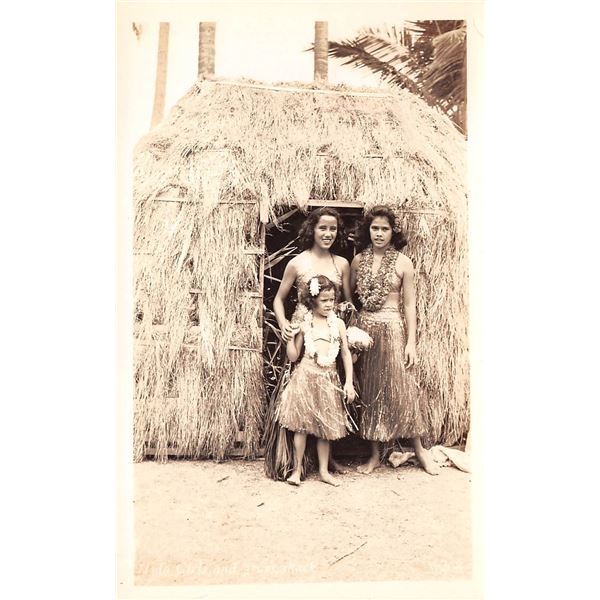 Real Photo Hula Girls & Grass Shack Postcard