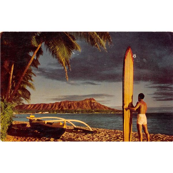 Man & Surfboard With Outrigger & Diamond Head Vintage Postcard