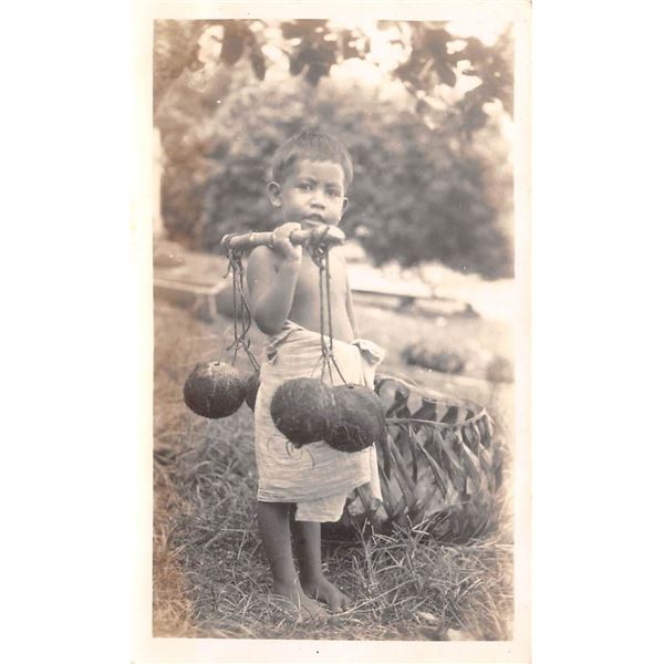 Snap Shot Real Photo Native Boy Carrying Coconut